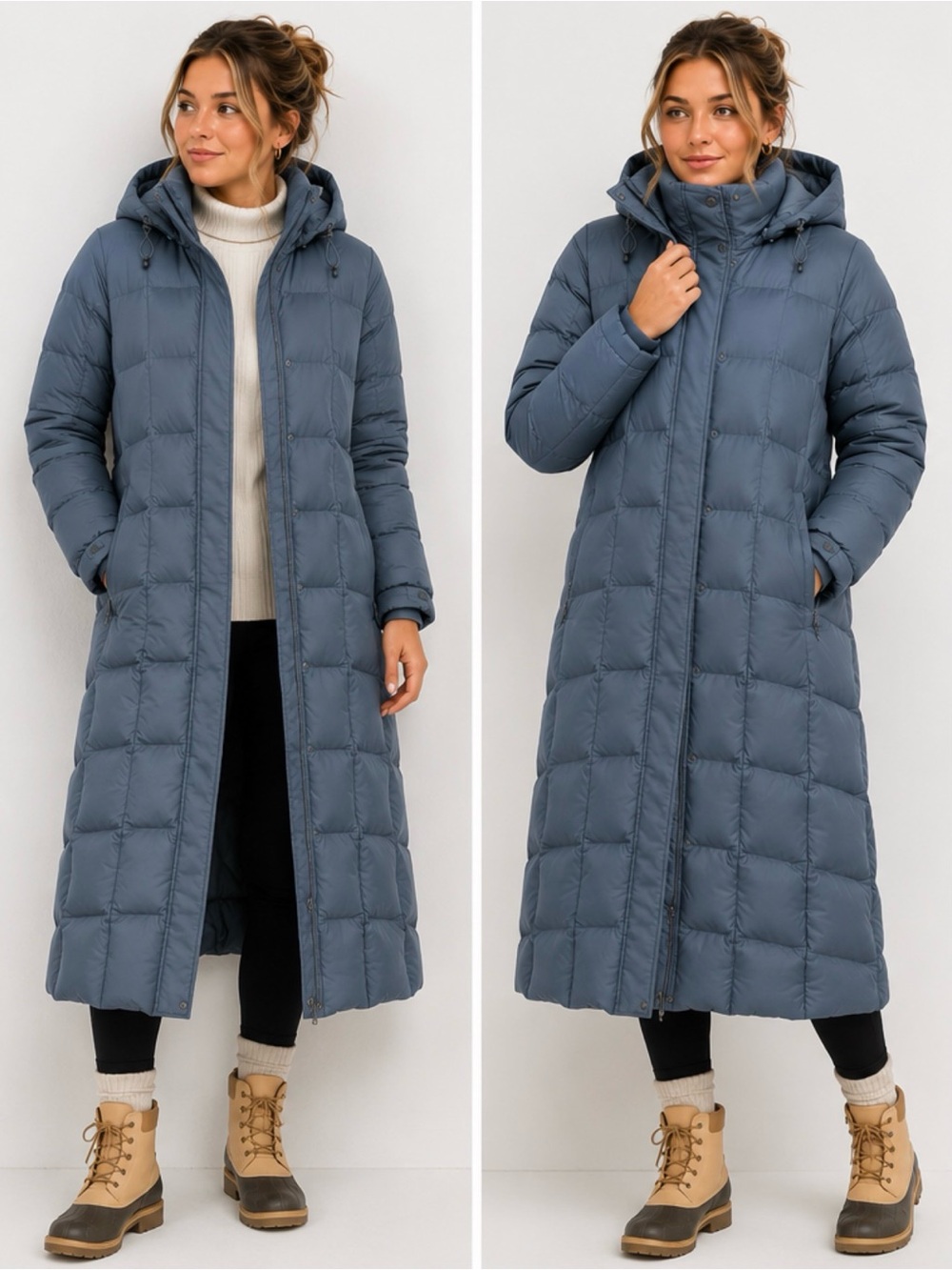 Eddie Bauer Long Hooded Puffer Coat in Slate Blue
